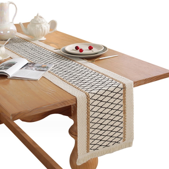 Carmdering EMAGFP-BST3150248-1-A asztali futó, pamut és lenvászon anyag, boho stílusú rojtokkal, krém/fekete, 30 x 180 cm