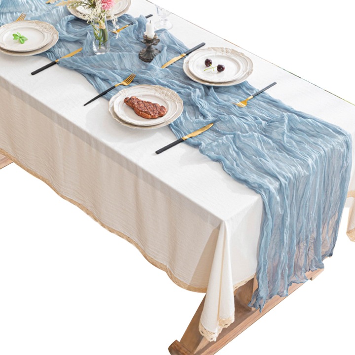 buc. Áttetsző géz asztalterítő, ömlesztett, ünnepi partikra, leánybúcsúkra, romantikus asztaldekorációhoz, 90 x 180 cm (többszínű)
