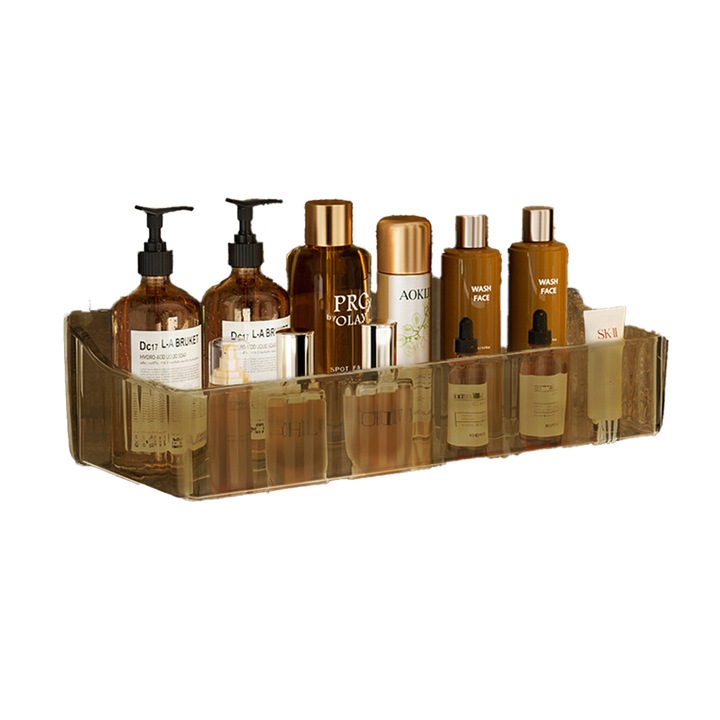 Organizator multifunctional pentru baie, raft adeziv fara gaurire, plastic transparent si maro, 35.5x12.7x7.3cm