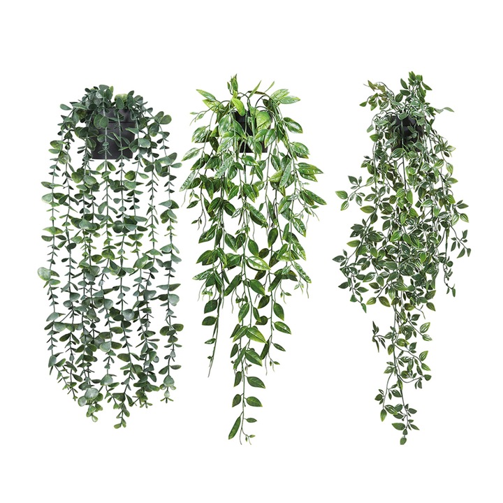 Plante artificiale, eucalyptus verde, set cu 3 ghivece, 10x10cm