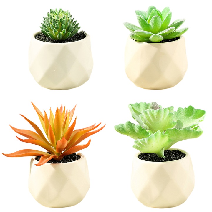 Set de plante suculente artificiale, verde, 9x6.5cm, 4 vase