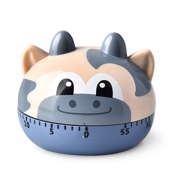 Timer mecanic de bucatarie, ABS, 60 minute, design vaca, 7 x 6.5 cm, Multicolor