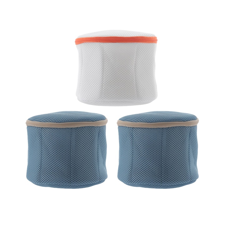 Set 3 piese saci de rufe din plasa pentru delicate, Albastru/Alb, 15x16.5cm