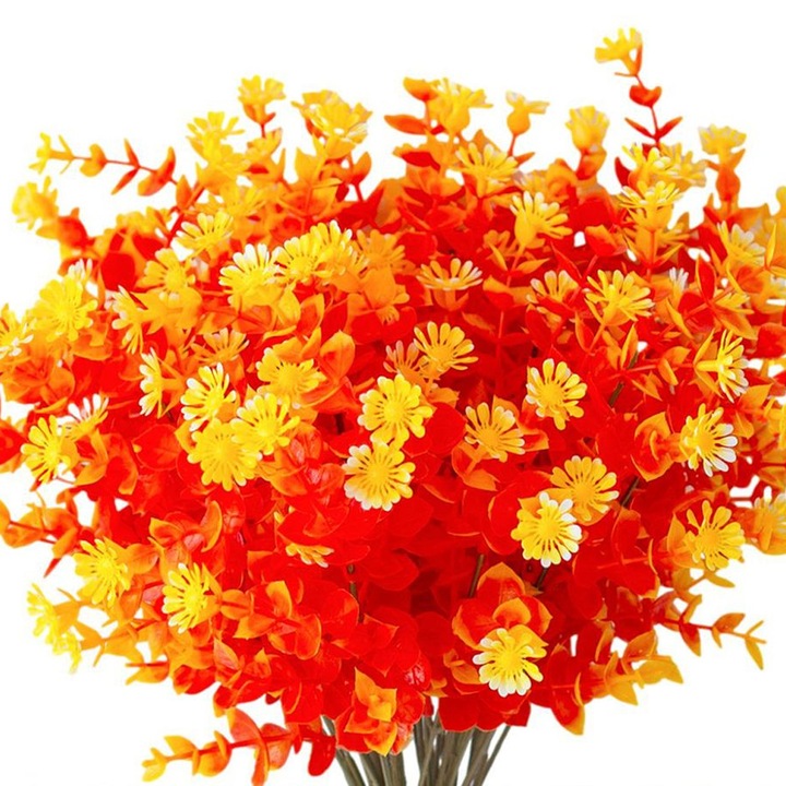 Set plante artificiale, Eucalyptus, rosu-portocalie, 35x15cm, 20 bucati