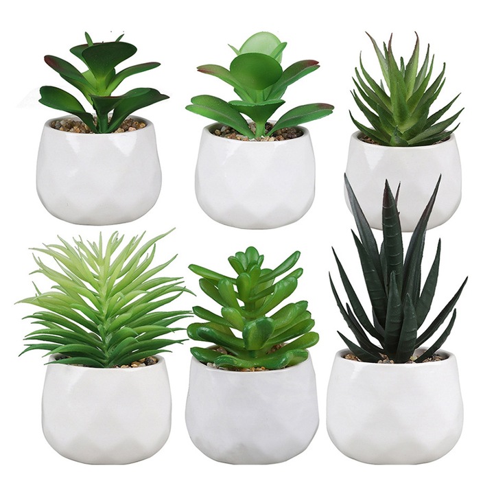 Set de plante artificiale, ceramica alba, verde, 8x8x10cm