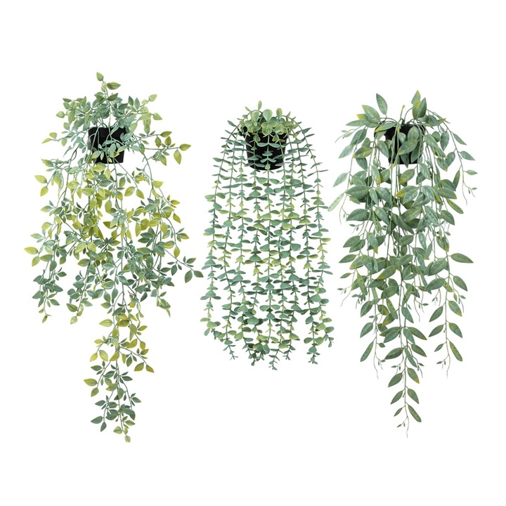Plante artificiale, eucalyptus verde, set cu 3 ghivece, 10x10cm