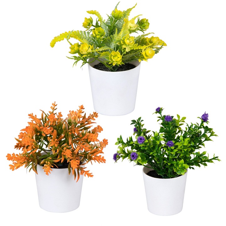 Set de 3 ghivece cu plante artificiale, verde, ceramica, 8x8x10cm
