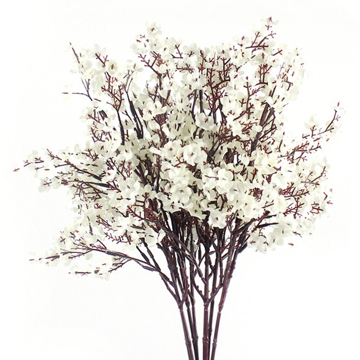 Buchet flori artificiale, 6 ramuri, Plastic, 49x24cm, Alb/Visiniu