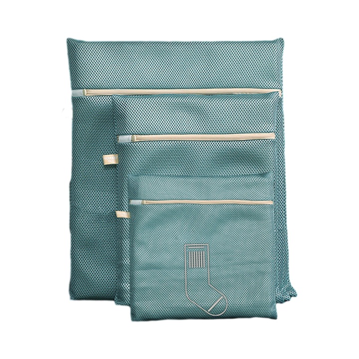 Set 3 Saci pentru Rufe, Poliester, Verde, cu Fermoar, Reutilizabili