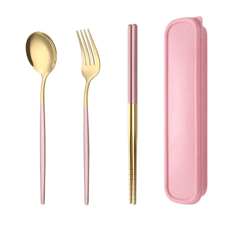 Set 3 Piese Tacamuri Portabile, Lingura, Furculita si Betisoare cu Carcasa, roz/auriu