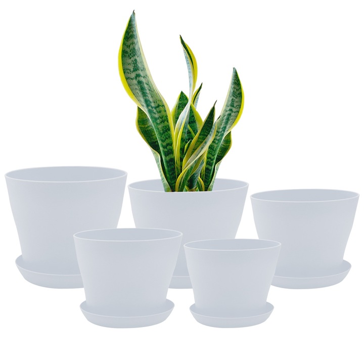 Set de ghivece pentru flori, plastic, alb dimensiuni variate 10x8.5cm - 20x17.5cm, 5 bucati