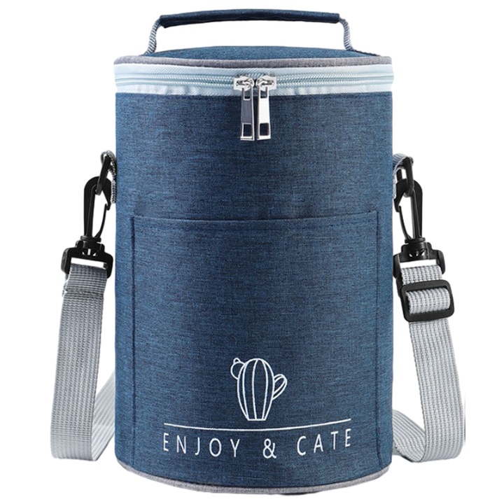Geanta de pranz Oxford portabila Bento bag rotunda de calatorie izolata pentru pranz, geanta frigorifica din folie de aluminiu pentru picnic, camping si birou