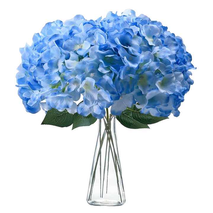 Комплект от 10 изкуствени хортензии, QttvbTna, Сини, 17x19 см