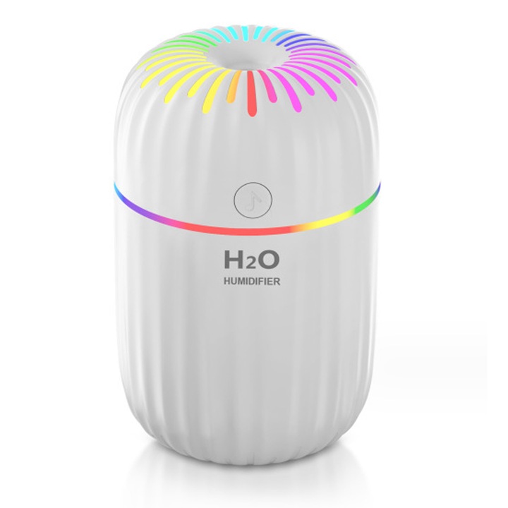 Párásító, 300ml, 76x76x120mm, hordozható, 7 színű lámpával, fehér