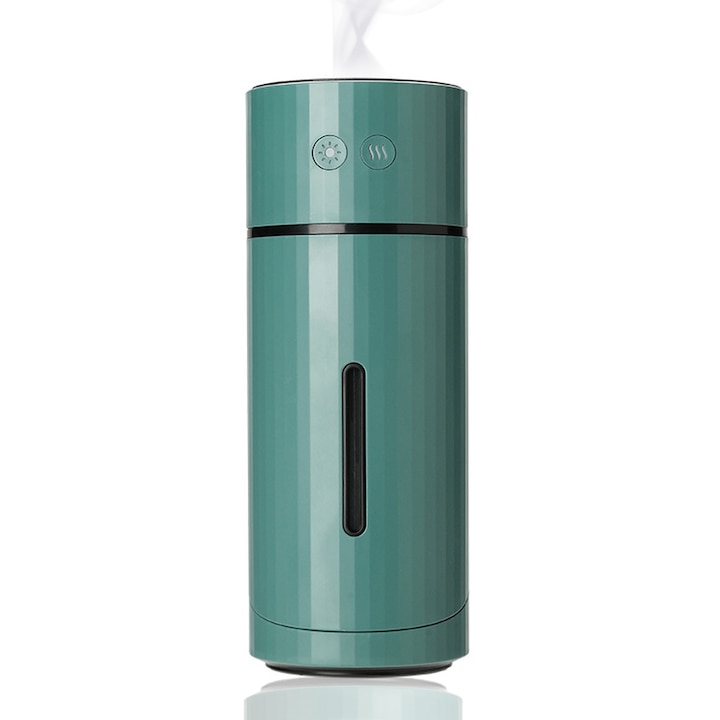 Hordozható párásító, 260 ml-es tartály, USB tápegység, 7 szín, 72x72x185mm, zöld