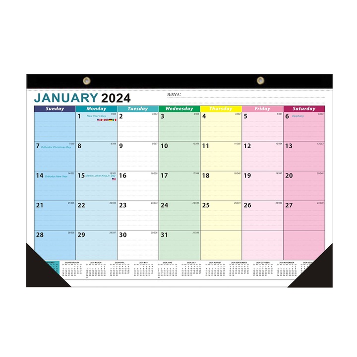 Calendar de perete, ianuarie 2024 - iunie 2025, hartie groasa/pvc, design cu agatatoare, 43x30.5cm, multicolor