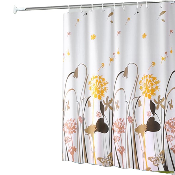 Set perdea de dus cu 12 carlige, poliester, impermeabila, semi-transparenta, 150x180cm