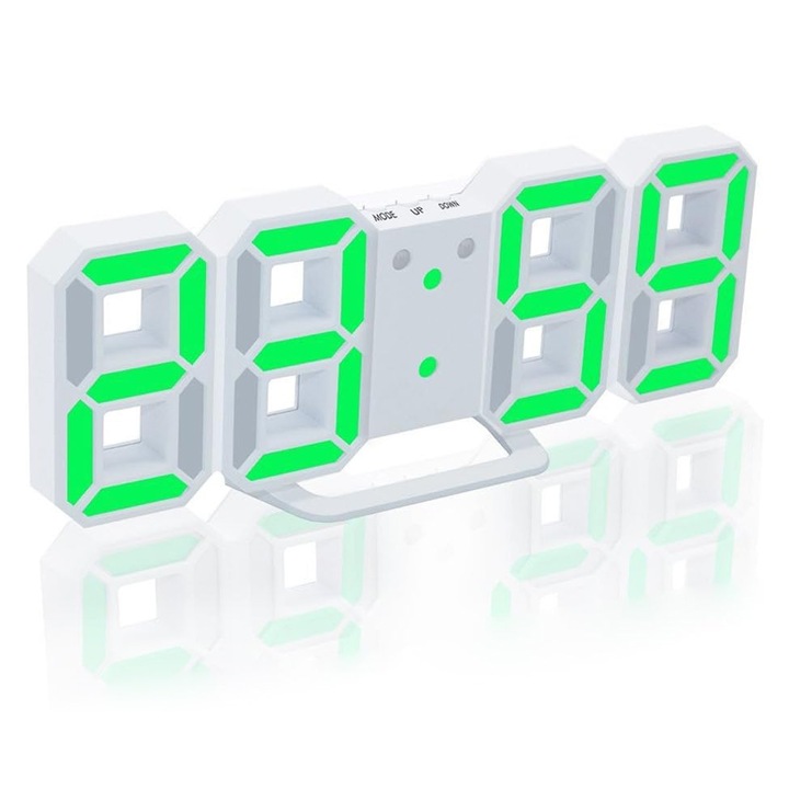 Ceas digital 3D, LED, alarma, verde/alb, 21.5x4.0x8.7cm