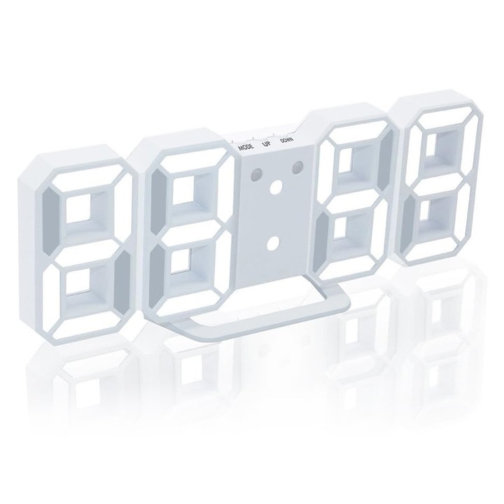 Ceas desteptator digital 3D, cu luminozitate reglabila, alb, 21.5x4.0x8.7cm
