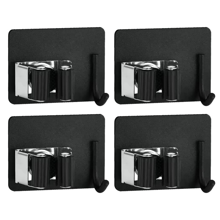 Set suporturi autoadezive pentru mop, 4 piese, inox, negru, 8.5x6.5cm