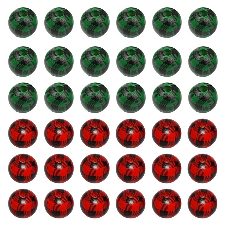 Set de 50 margele din lemn, carouri de Craciun, multicolor, 16mm