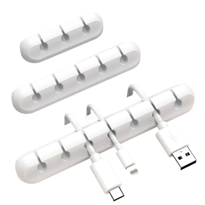 Set 3 cleme pentru cabluri, Silicon, 12.3x2.2cm/11.6x2.2cm/8.3x2.2cm, Alb