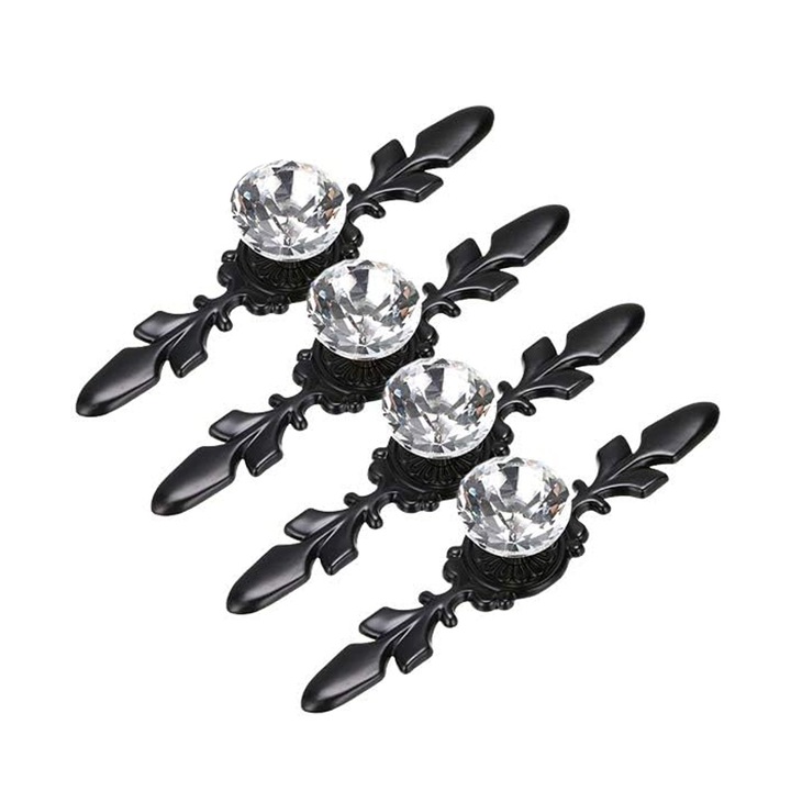 Set 4 Manere Usa, Decorative, Cristale Sticla Diamant, Negru, pentru Dulapuri si Sertare