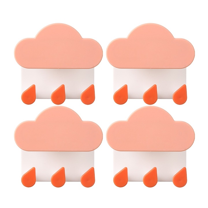 Set 4 carlige adezive in forma de nor, roz, 7x7.5x2cm