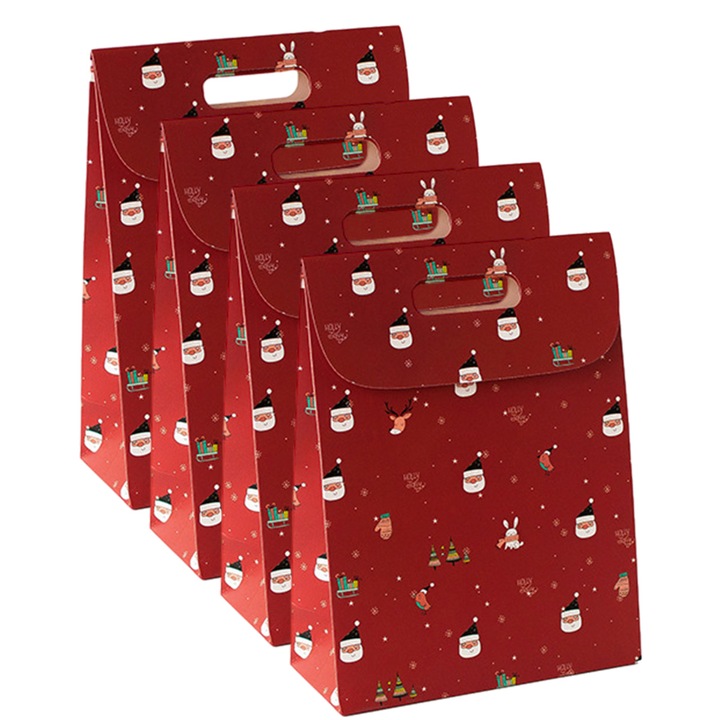Set de 4 pungi cadou, tematica Craciun, rosu, S/M/L