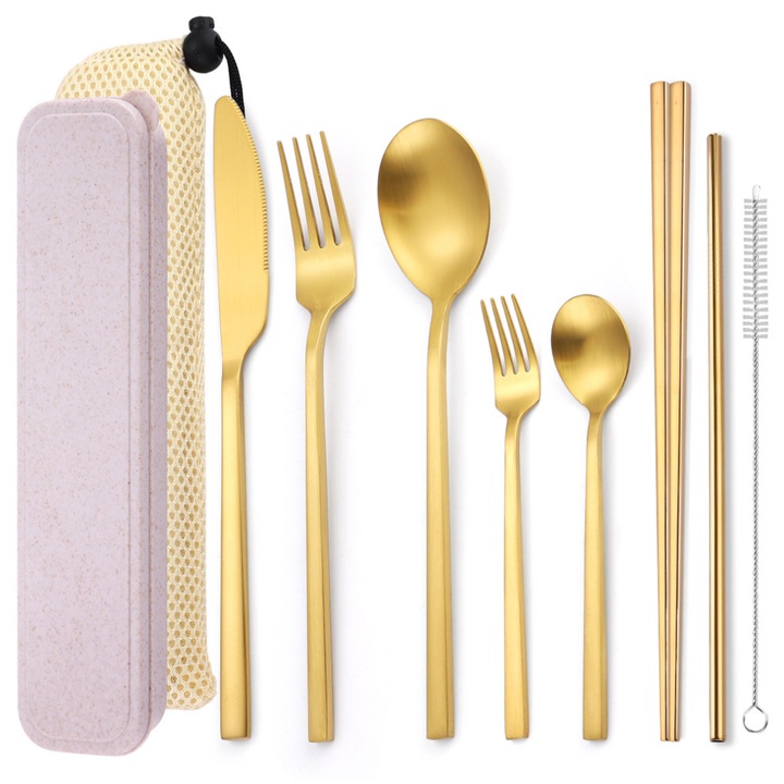 Set de tacamuri portabile din otel inoxidabil, 8 piese, auriu, dimensiuni variate
