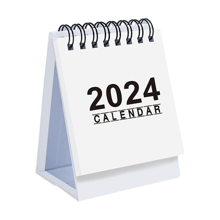 Calendar de birou mini, portabil, design simplu, alb, 12 luni, cu stickere, 2024