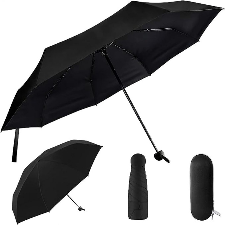 Сгъваем чадър, 19см, 95х58см, UPF50+ UV защита, ветроустойчив, черен