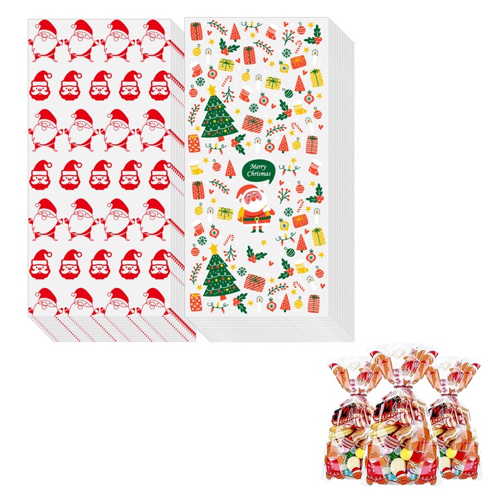 Set de 100 Pungi de Cadouri de Craciun cu Panglica, Celofan, Multicolor