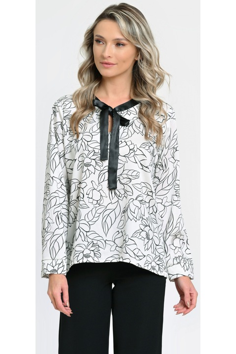 Női blúz vékony masnival, fekete-fehér nyomattal