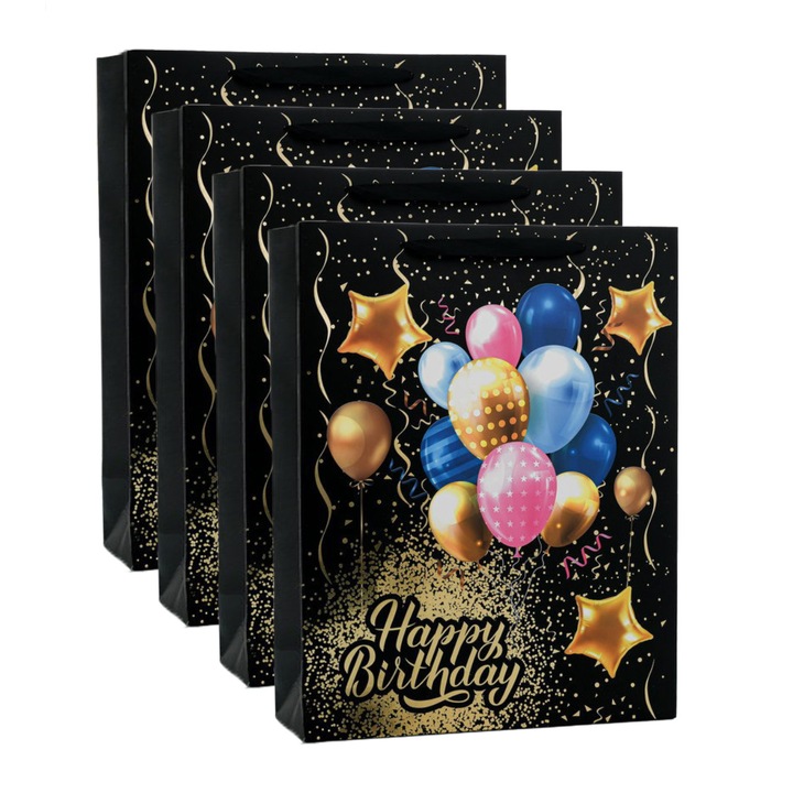 Set 4 pungi cadou, hartie, baloane, 18x8.5x24cm, auriu inchis