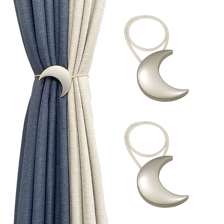 Set 2 suporturi pentru prindere perdele, Design luna, Aliaj, 40 cm, Argintiu
