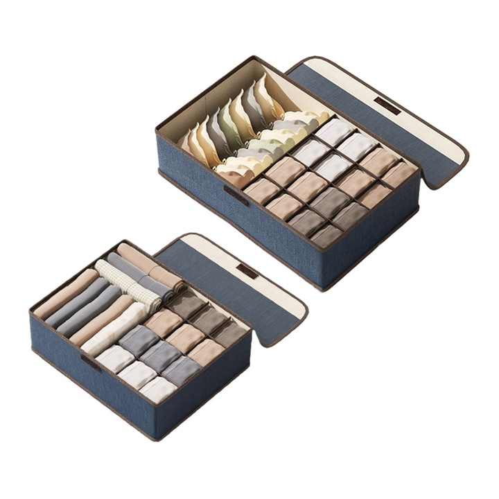 Set 2 cutii organizatoare pliabile, 30 celule, gri/bej/verde deschis/bleumarin, 36x26x12cm/44x29x12.5cm