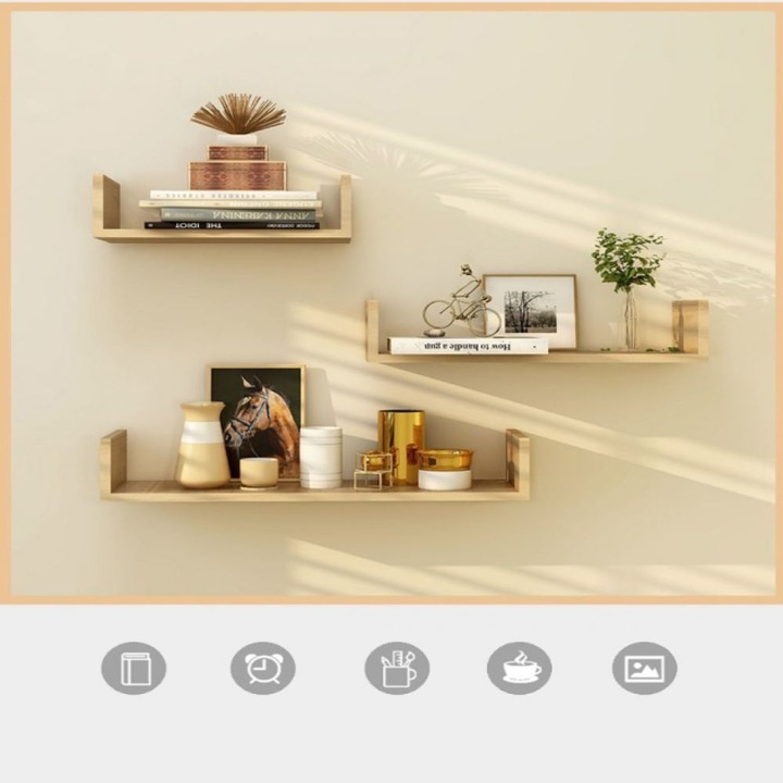 Set 3 rafturi suspendate, U-shaped, lemn fibra densitate medie, maro, suporta pana la 15kg