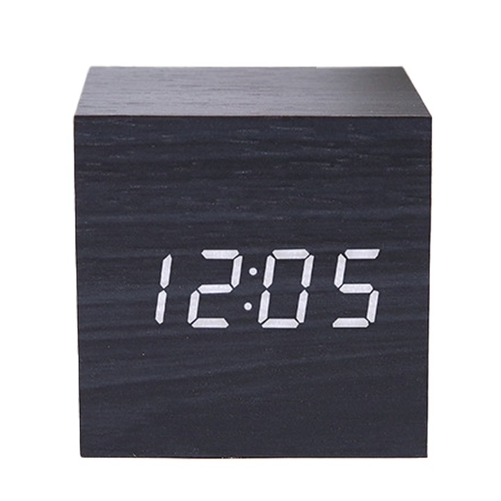Négyzet alakú elektronikus fa óra, ébresztő, hőmérséklet, 6.3x6.3x6.3cm, barna