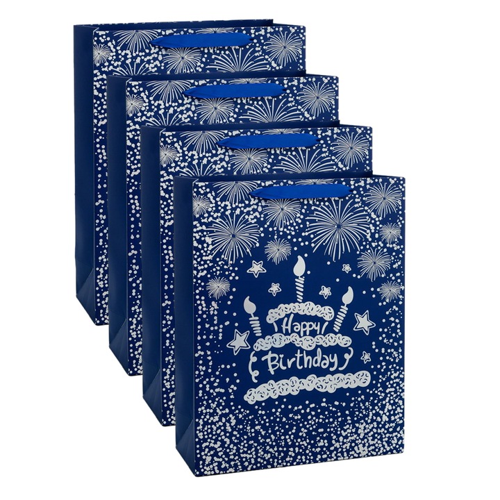 Set 4 pungi cadou, multicolor, motiv tort aniversar, 18x8.5x24cm