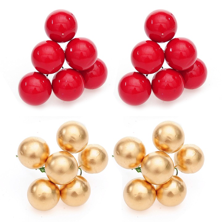 Set 24 Fructe de padure artificiale, 2.5cm, rosu+auriu