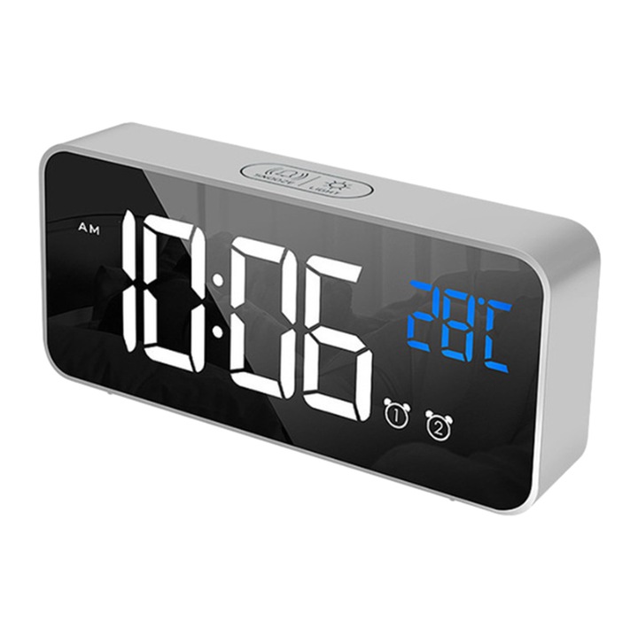 Ceas desteptator digital cu port USB, 12/24H, 5.7x1.25 inch, Argintiu