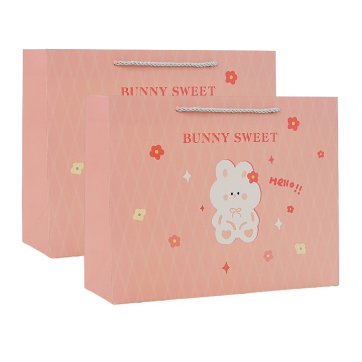 Set 2 Pungi cadou, Hartie, Design iepuras, 24.5 x 9.5 x 19.5 cm, Roz