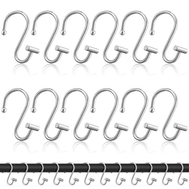 Set 12 carlige pentru perdea de dus, metal, argintiu