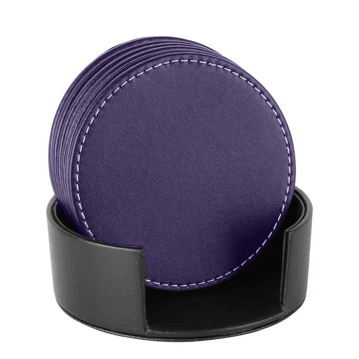 6 db-os bőr italtartó készlet, modern design, fekete színű, állvánnyal.