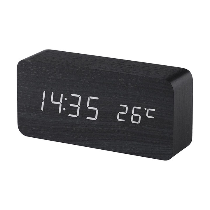 Ceas desteptator digital din lemn Zeaicos, 3 alarme, luminozitate ajustabila, 15x4x7cm