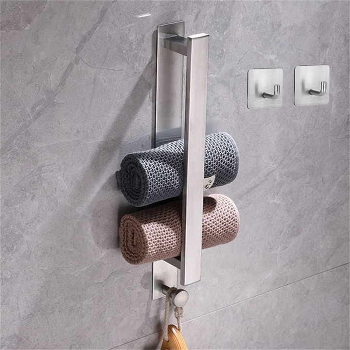 Set suport prosoape si carlig, autoadeziv, inox, negru, 40x6.1x4.5cm