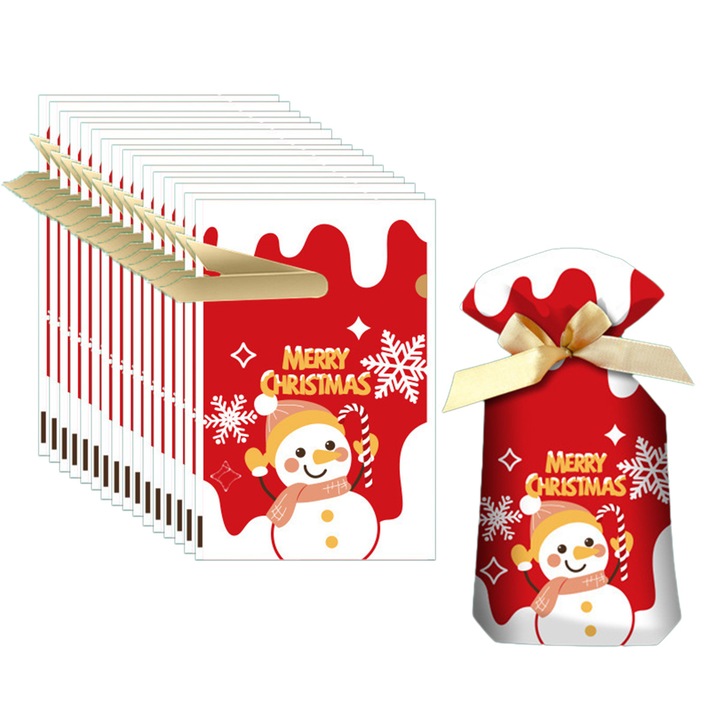Set 50 pungi cadouri de Craciun cu snur, plastic, multicolor