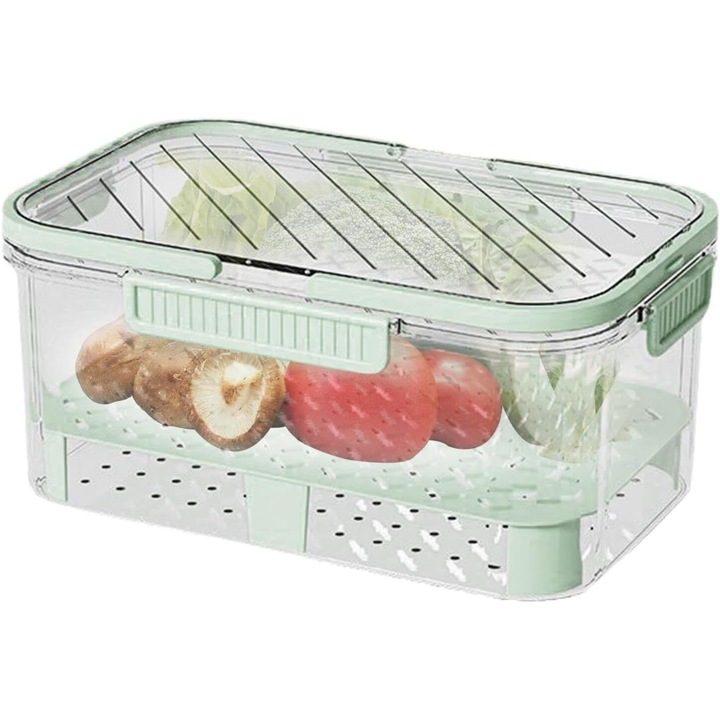 Cutie alimentara portabila pentru fructe, verde, cu capacitate de sigilare, design cu doua straturi, 30x15x10cm