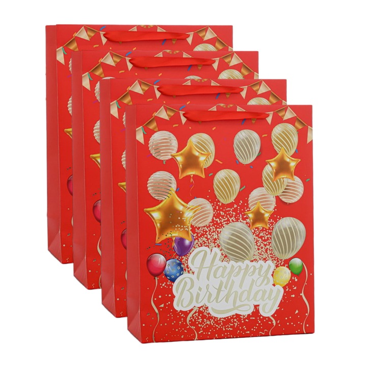 Set 4 pungi cadou, hartie, model baloane, rosii, 18x8.5x24cm